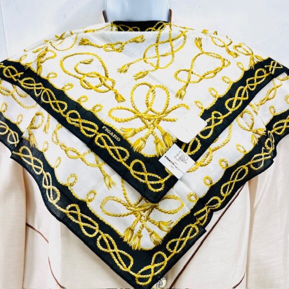 New T FIGARO Paris (Big Series) Mini Scarf Cotton/Slk 22" White Black Yellow(81) - Picture 5 of 7